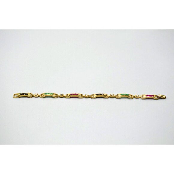 Gemstone Rectangle Link Bracelet Sterling Silver 925 7.5" Pink Green Gold Tone - Picture 2 of 12